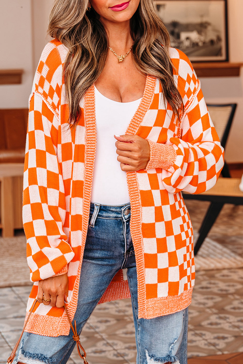 Tennessee Orange Checkered Cardigan | Game Day Open Front Sweater