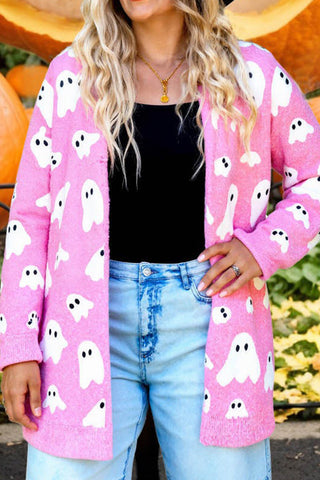 Halloween Ghost Pattern Knit Cardigan, Pink