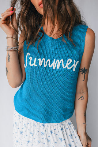 Teal blue sleeveless sweater vest with white “Summer” script graphic, lightweight knit top styled casually from The Pink Doxie Boutique.