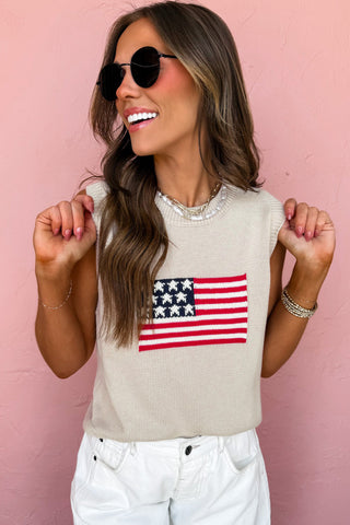 Patriotic American Flag Sleeveless Crewneck Sweater