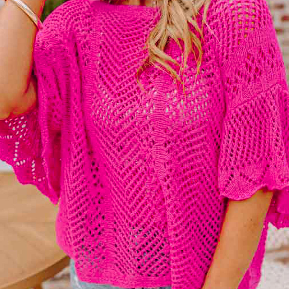 Scallop Edge Short Sleeve Knit Top - Sweater