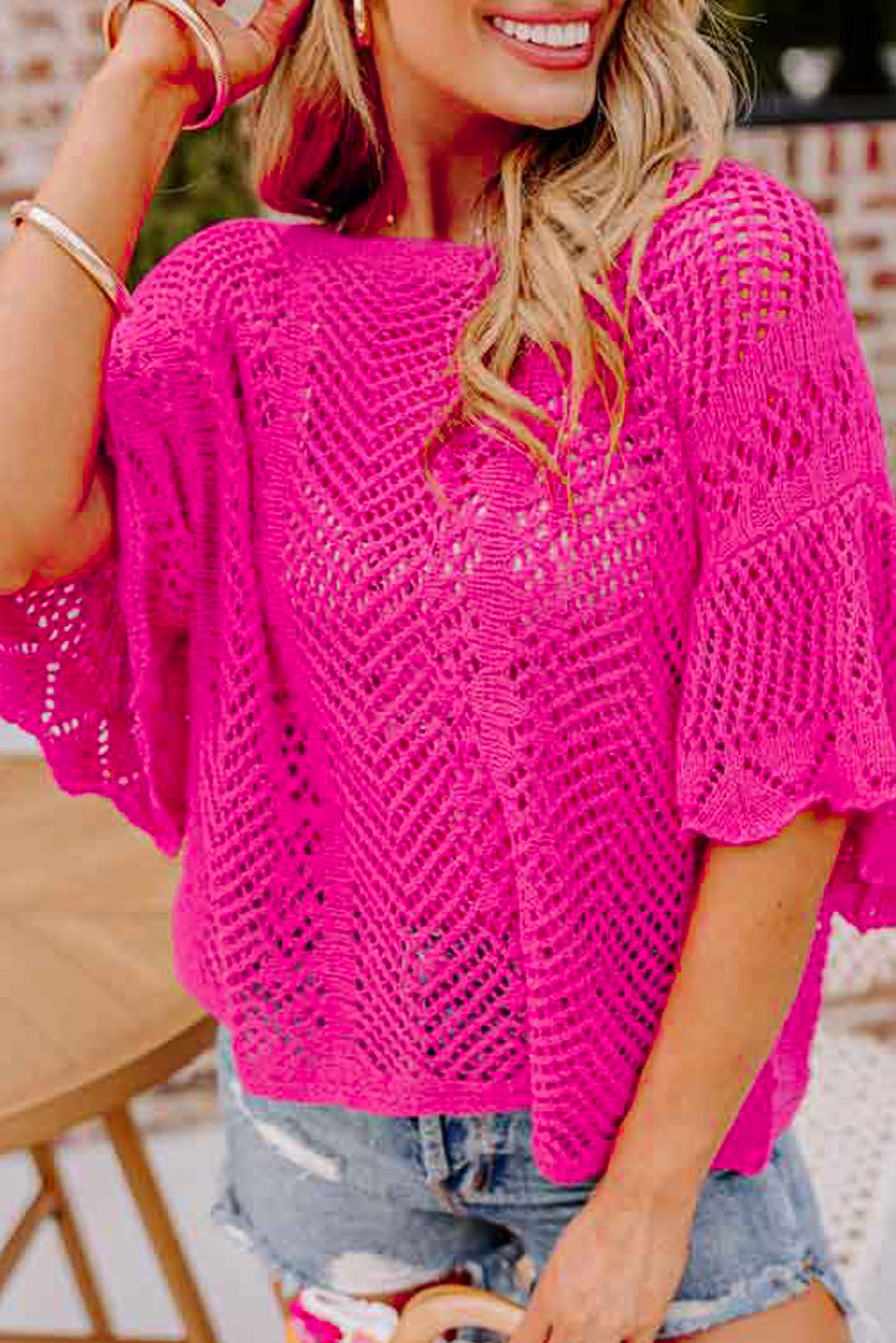 Scallop Edge Short Sleeve Knit Top - Sweater