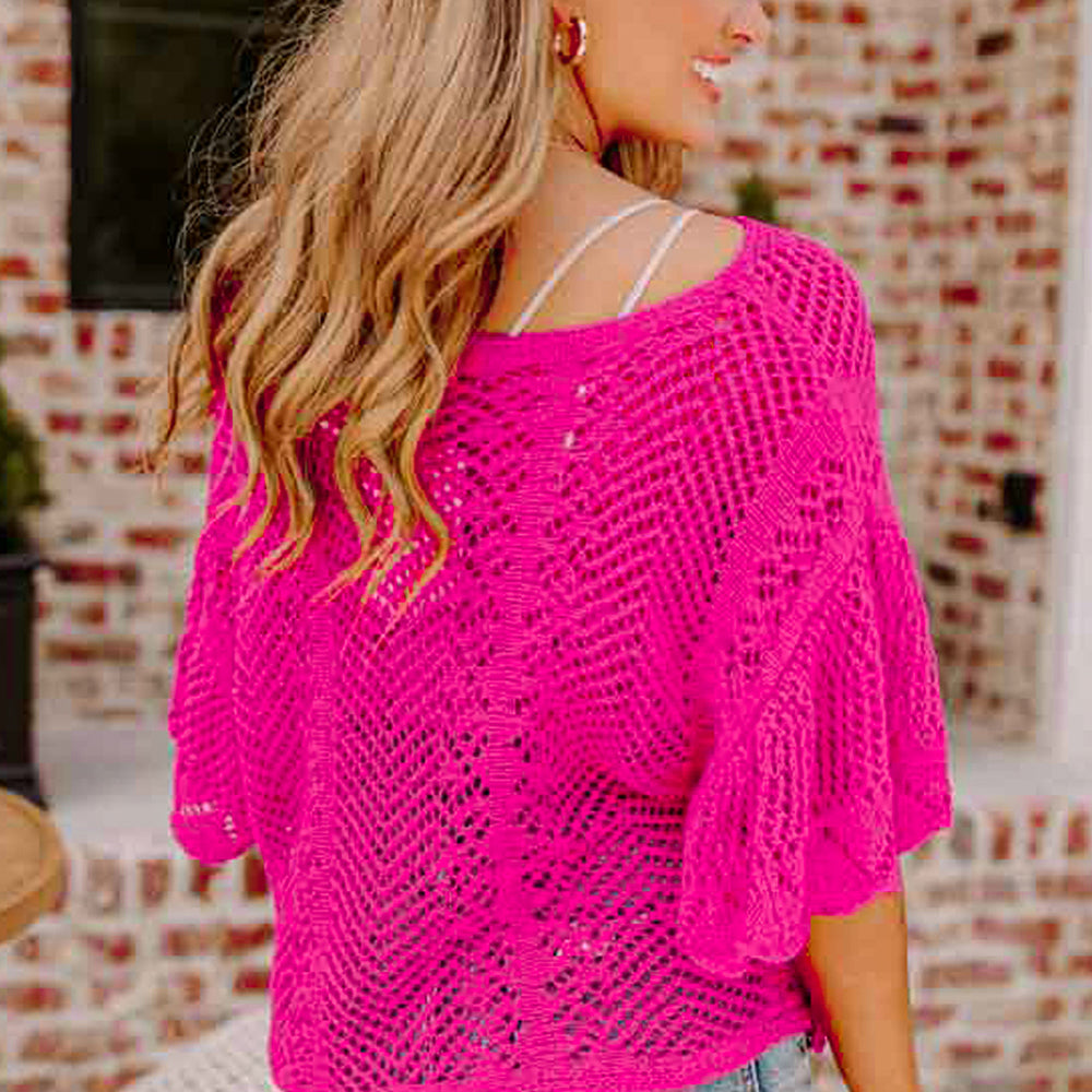 Scallop Edge Short Sleeve Knit Top - Sweater