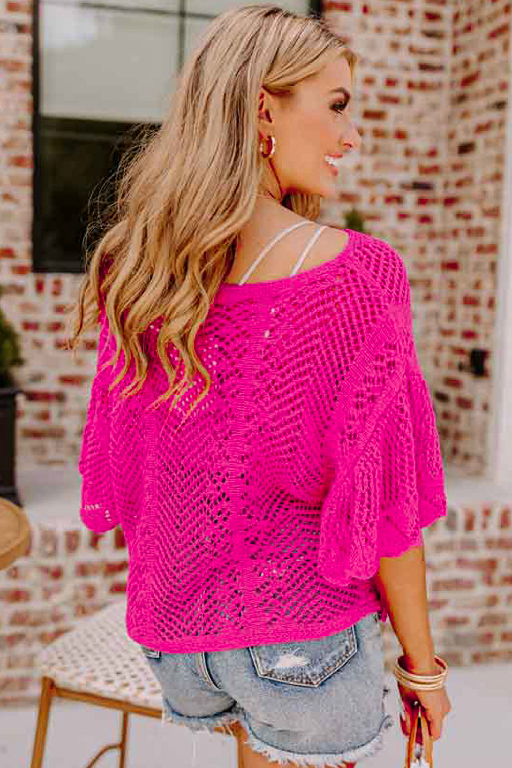 Scallop Edge Short Sleeve Knit Top - Sweater
