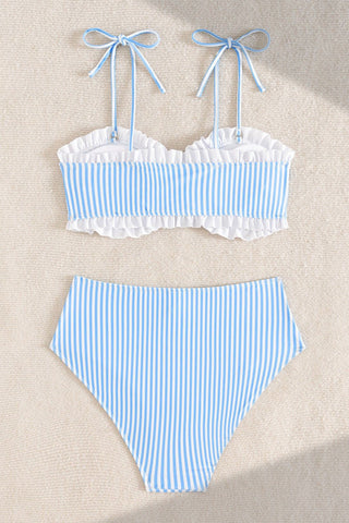 Seaside Sky Striped Ruffle High-Waist Bikini Set