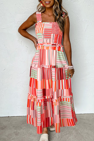 Boho Striped Wide-Strap Smocked Tiered Maxi Dress