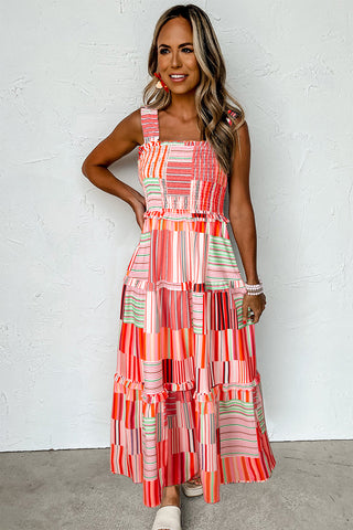 Boho Striped Wide-Strap Smocked Tiered Maxi Dress