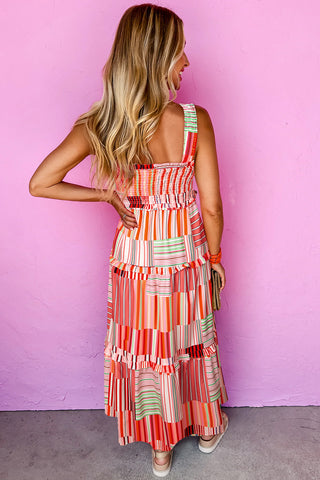 Boho Striped Wide-Strap Smocked Tiered Maxi Dress