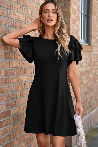 Black Double Ruffle Sleeve Fit & Flare Mini Dress