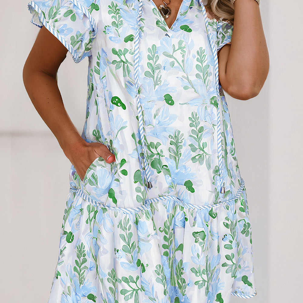 Sky Blue Floral Layered Mini Dress - Dress