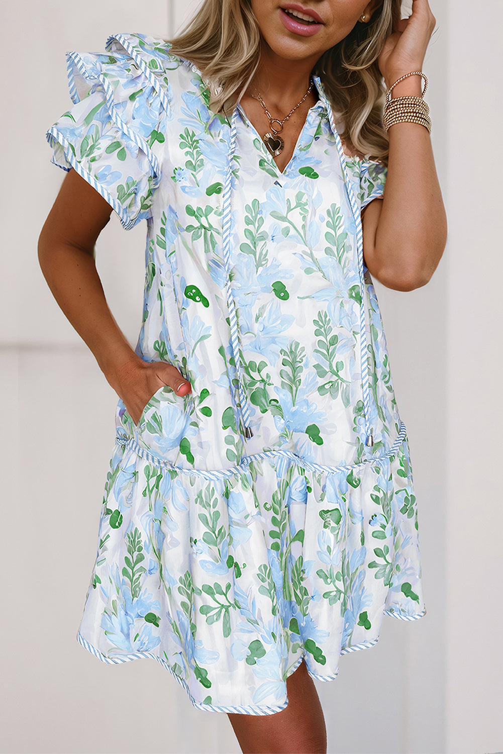Sky Blue Floral Layered Mini Dress - Dress