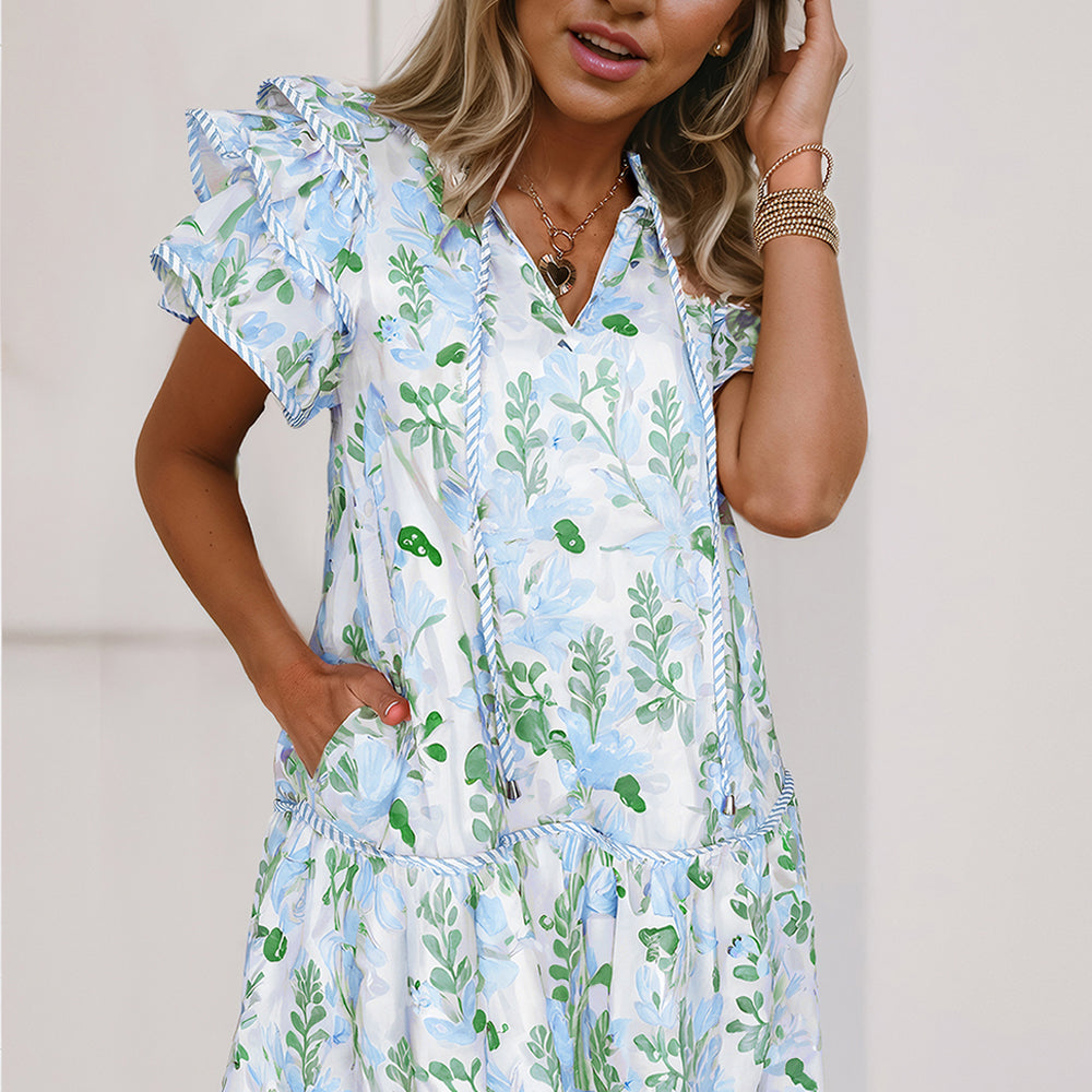 Sky Blue Floral Layered Mini Dress - Dress