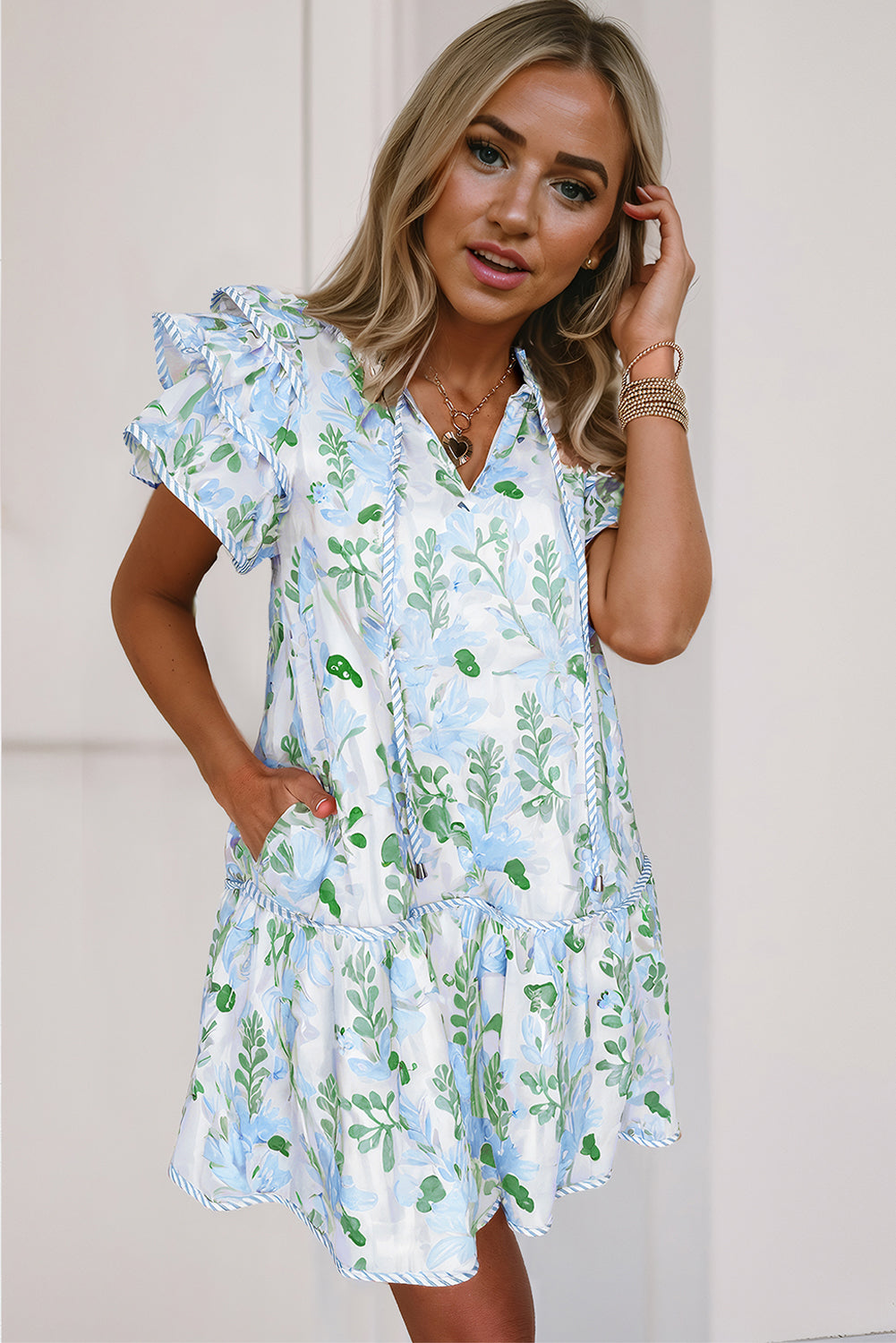Sky Blue Floral Layered Mini Dress - Dress