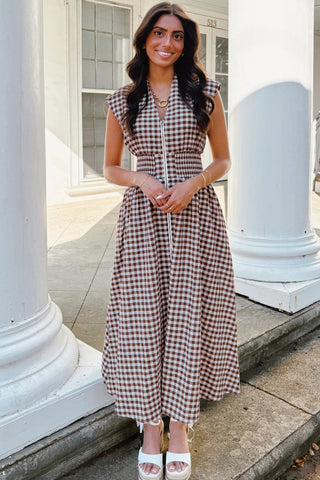 Coffee Plaid Zip-Front Maxi Dress – Cinched Waist Fit & Flare