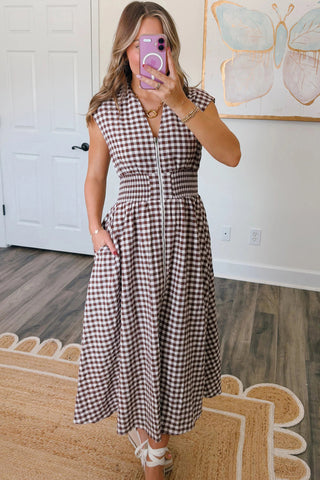 Coffee Plaid Zip-Front Maxi Dress – Cinched Waist Fit & Flare