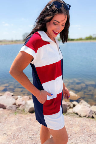 Patriotic Colorblock Zip-Up T-Shirt Dress