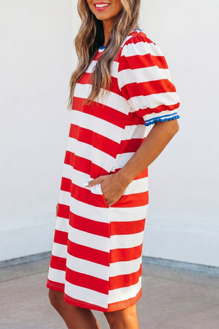 Americana Stripe Puff Sleeve Mini Shift Dress