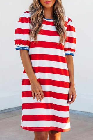 Americana Stripe Puff Sleeve Mini Shift Dress