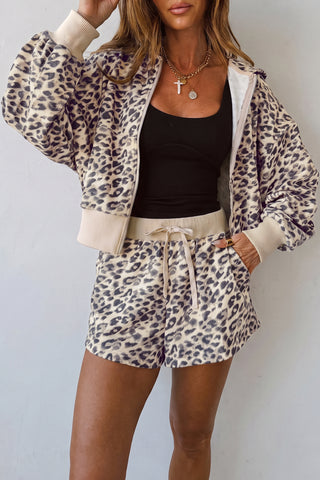 Wild & Chic: Leopard Zip-Up Hoodie & Drawstring Shorts Set