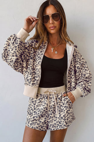 Wild & Chic: Leopard Zip-Up Hoodie & Drawstring Shorts Set