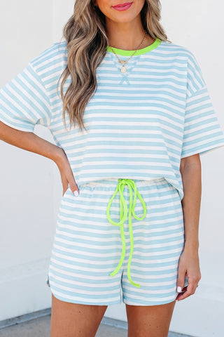 Sky Blue Striped Cotton Lounge Set: Loose Tee & Drawstring Shorts
