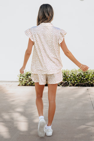 Beige Leopard Ruffle Sleeve Short Set