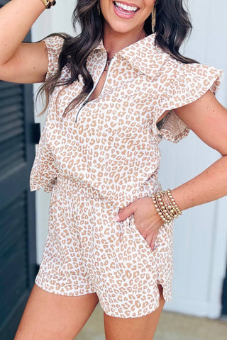 Beige Leopard Ruffle Sleeve Short Set