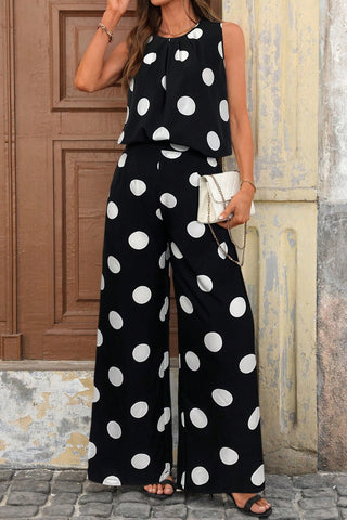 Polka Dot Pleated Tank & Flowy Wide-Leg Pants Two-Piece Set