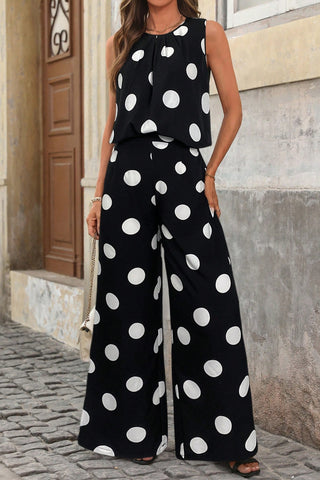 Polka Dot Pleated Tank & Flowy Wide-Leg Pants Two-Piece Set