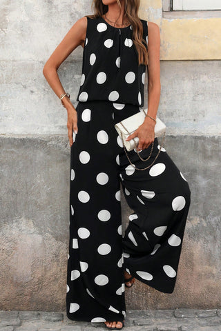 Polka Dot Pleated Tank & Flowy Wide-Leg Pants Two-Piece Set