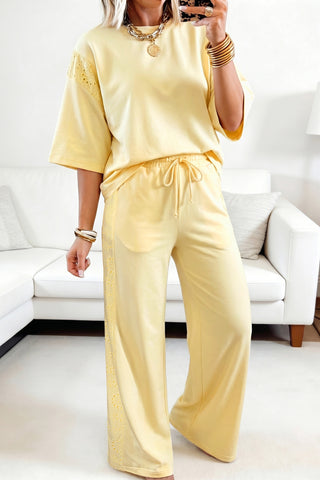 Sunshine Eyelet Lace Wide-Leg Two-Piece Lounge Set
