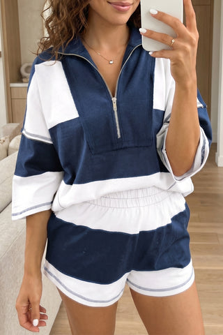 Blue Coastal Stripe Quarter-Zip Shorts Set