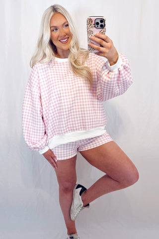 Cozy Pink Gingham 2-Piece Oversized Pullover & Shorts Set