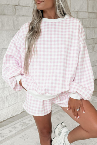 Cozy Pink Gingham 2-Piece Oversized Pullover & Shorts Set