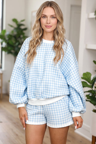 Sky Blue Gingham Oversized Pullover & Shorts 2-Piece Lounge Set