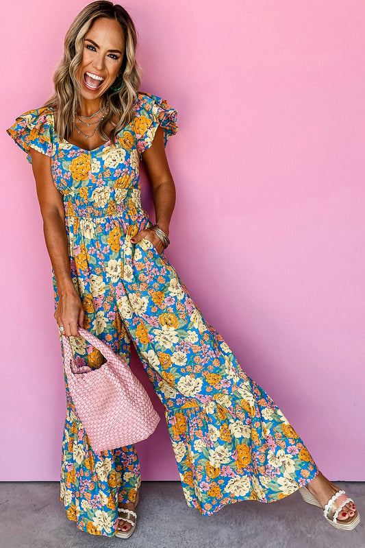 Yellow Floral Shirred Cut-Out High-Waist Jumpsuit