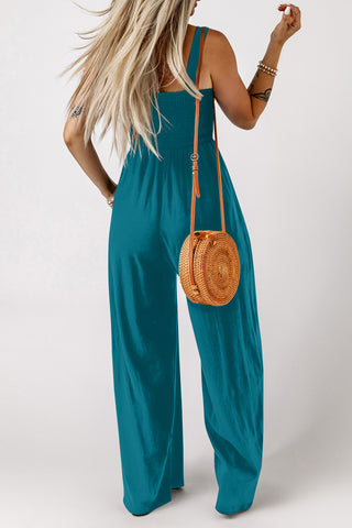 Smocked Wide-Leg Jumpsuit: Breathable Square Neck Style with Pockets