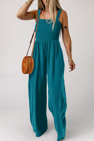 Smocked Wide-Leg Jumpsuit: Breathable Square Neck Style with Pockets
