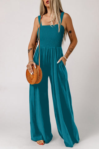 Smocked Wide-Leg Jumpsuit: Breathable Square Neck Style with Pockets