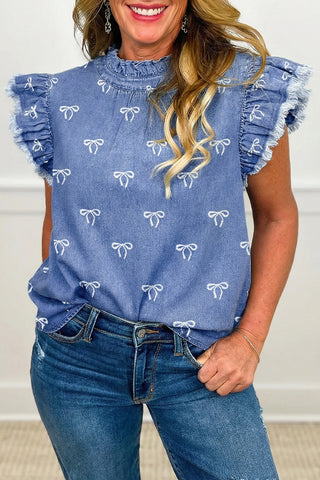 Ruffle Flutter Sleeve Bow Denim Top