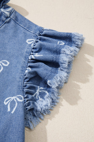 Ruffle Flutter Sleeve Bow Denim Top