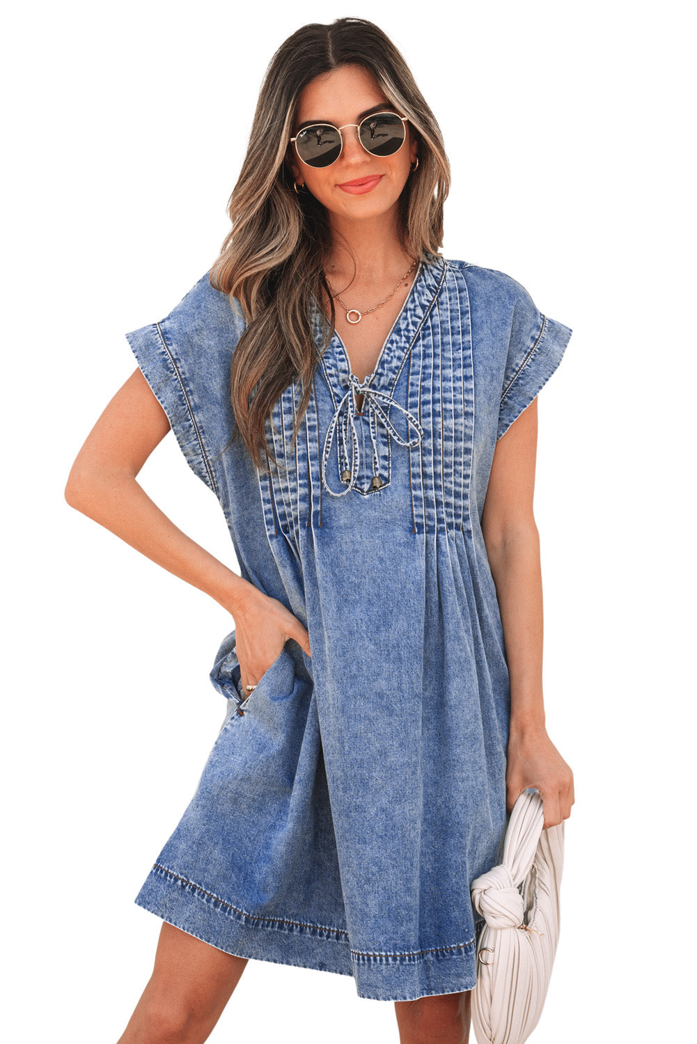 Beau Blue Tie V-Neck Shift Dress - Dress