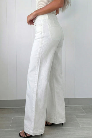 Luxe White High-Waist Wide Leg Jeans – Double Button Stretch Denim