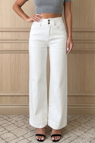 Luxe White High-Waist Wide Leg Jeans – Double Button Stretch Denim