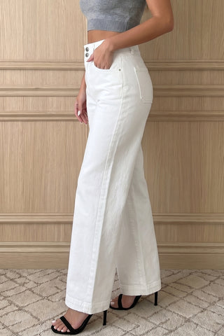 Luxe White High-Waist Wide Leg Jeans – Double Button Stretch Denim