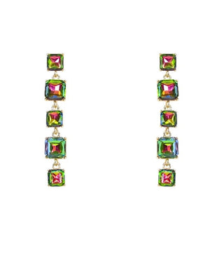 Iridescent Rainbow Linear Drop Earrings – Geometric Square Crystal Statement