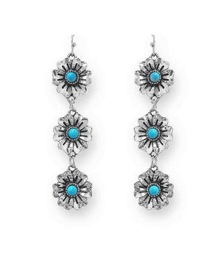 Southwestern Turquoise Triple Flower Linear Drop Earrings