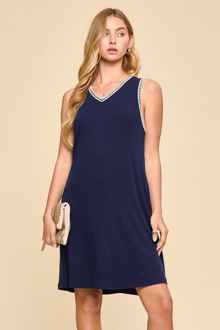 Navy Ribbed Embroidered A-Line Dress