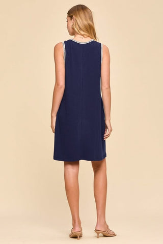Navy Ribbed Embroidered A-Line Dress