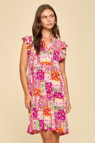 Magenta Patchwork Tiered Dress